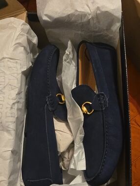 Mercanti Fiorentini Navy Suede Loafers with Gold Bit